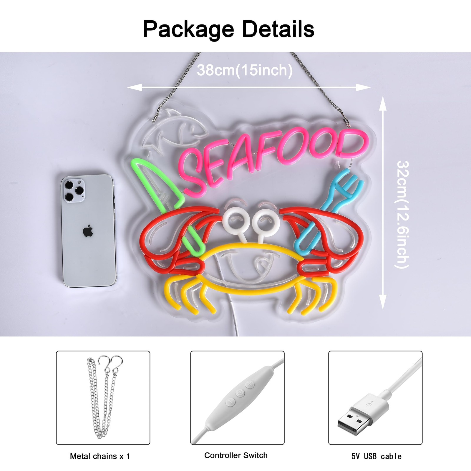 Seafood Neon Sign, Neon Lights Hanging Wall Art Decoration for Restaurant Sho…