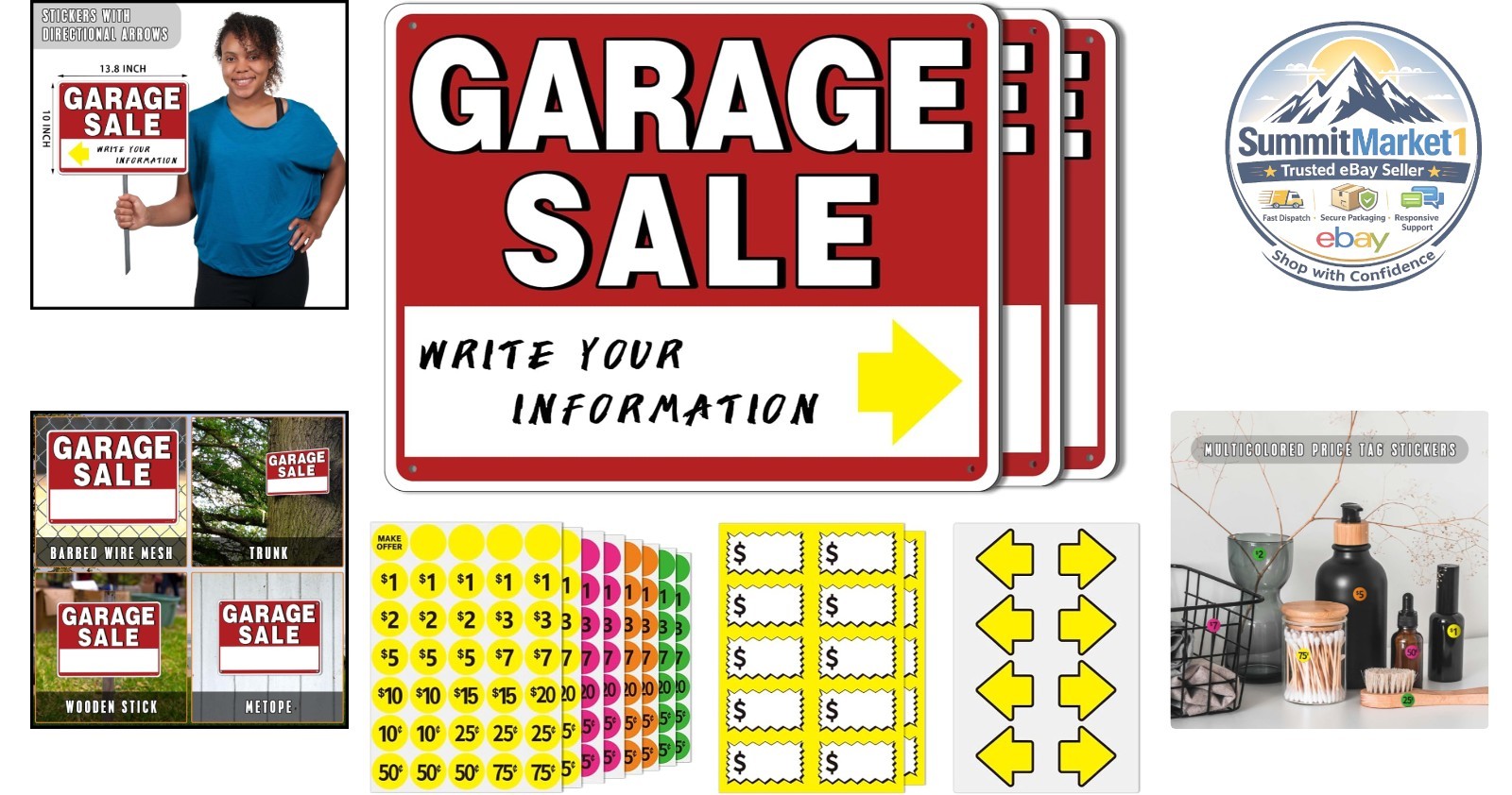 Garage Sale Sign Kit 5Pcs Double-Sided 14″ x 10″ Weather-Proof Yard Supplies