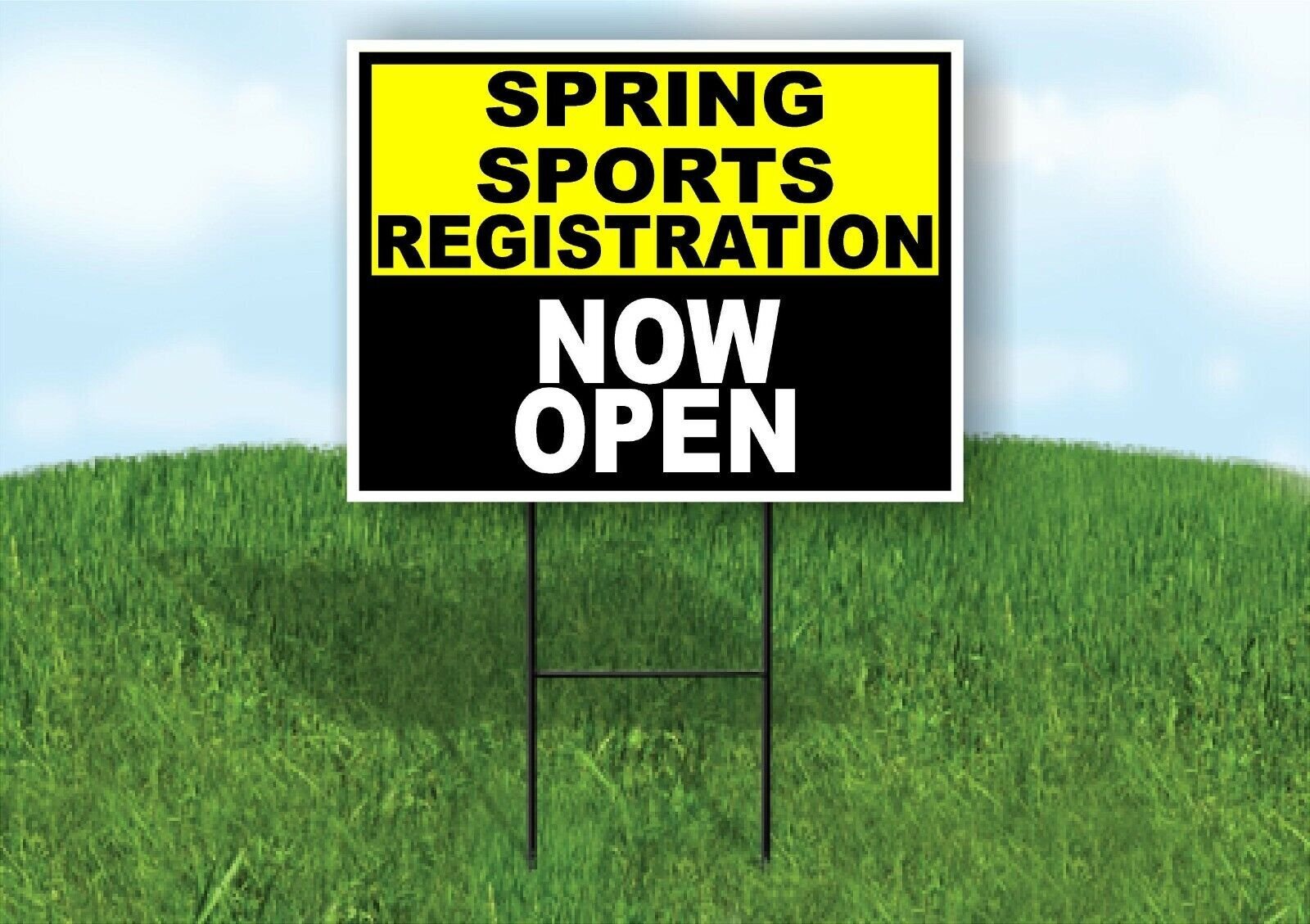 SPORTS REGISTRATION YELLOW BLACK SPRING Yard Sign with Stand LAWN SIGN