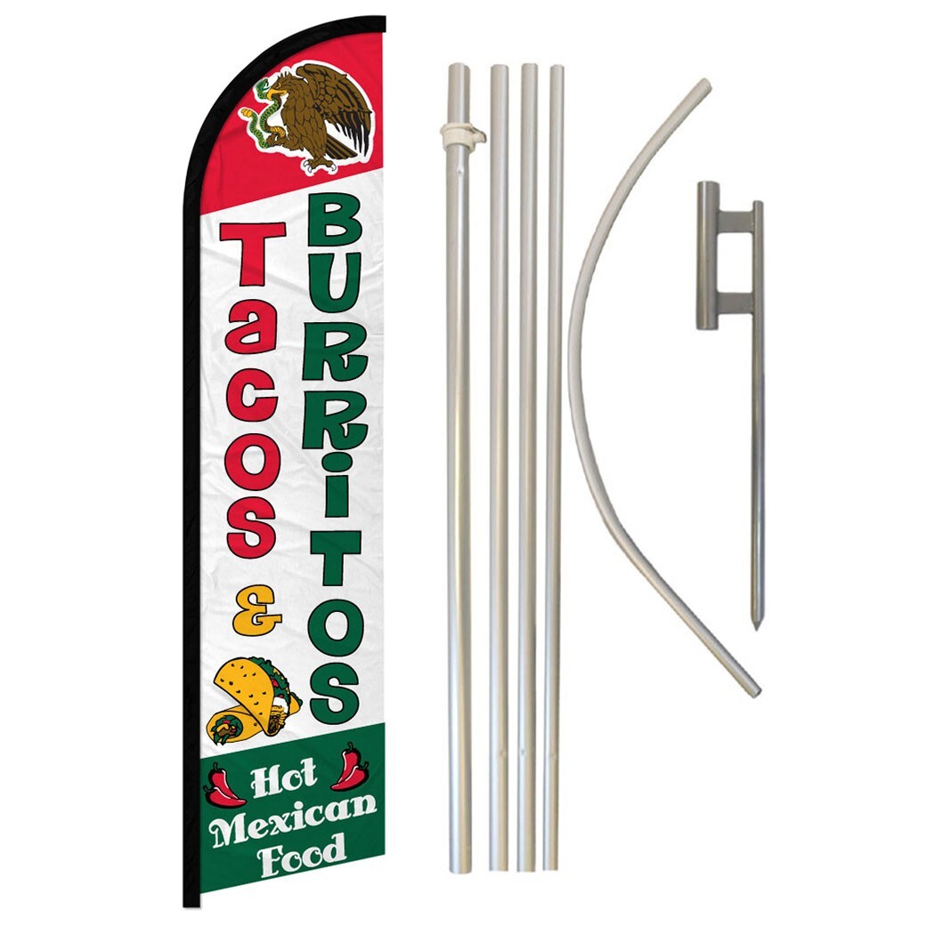 Tacos & Burritos Full Curve Windless Swooper Flag & Pole Kit Concessions Food