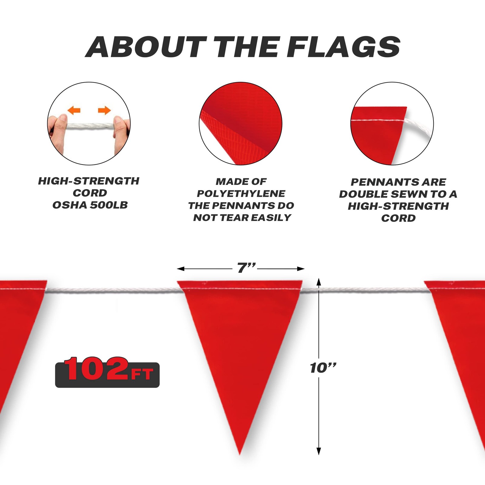 102FT Caution Barricade Flags String, Hazardous Area, Traffic Control, Red
