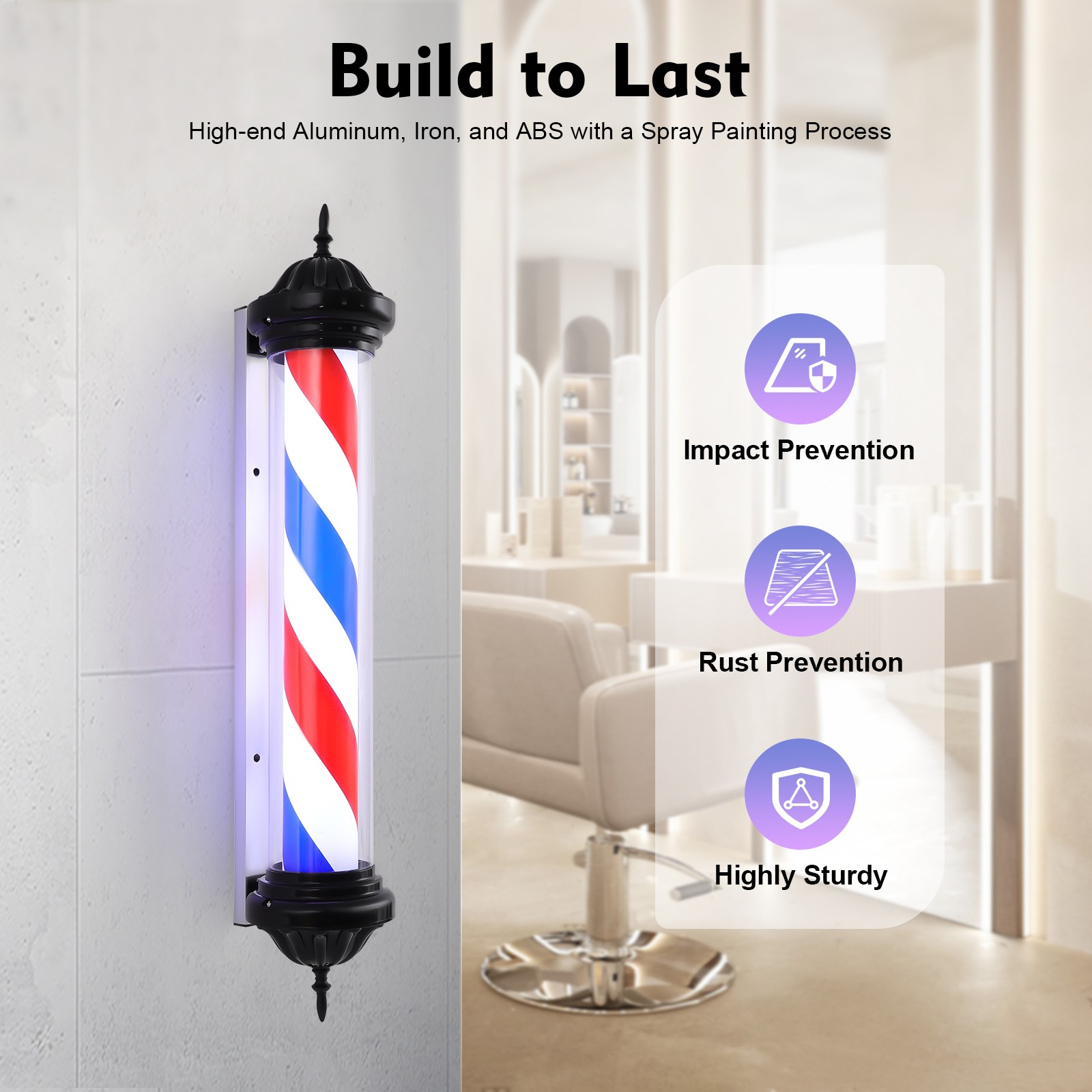 40″ Outdoor Barber Shop Pole Rotating Light Hair Salon Sign Illuminated Light