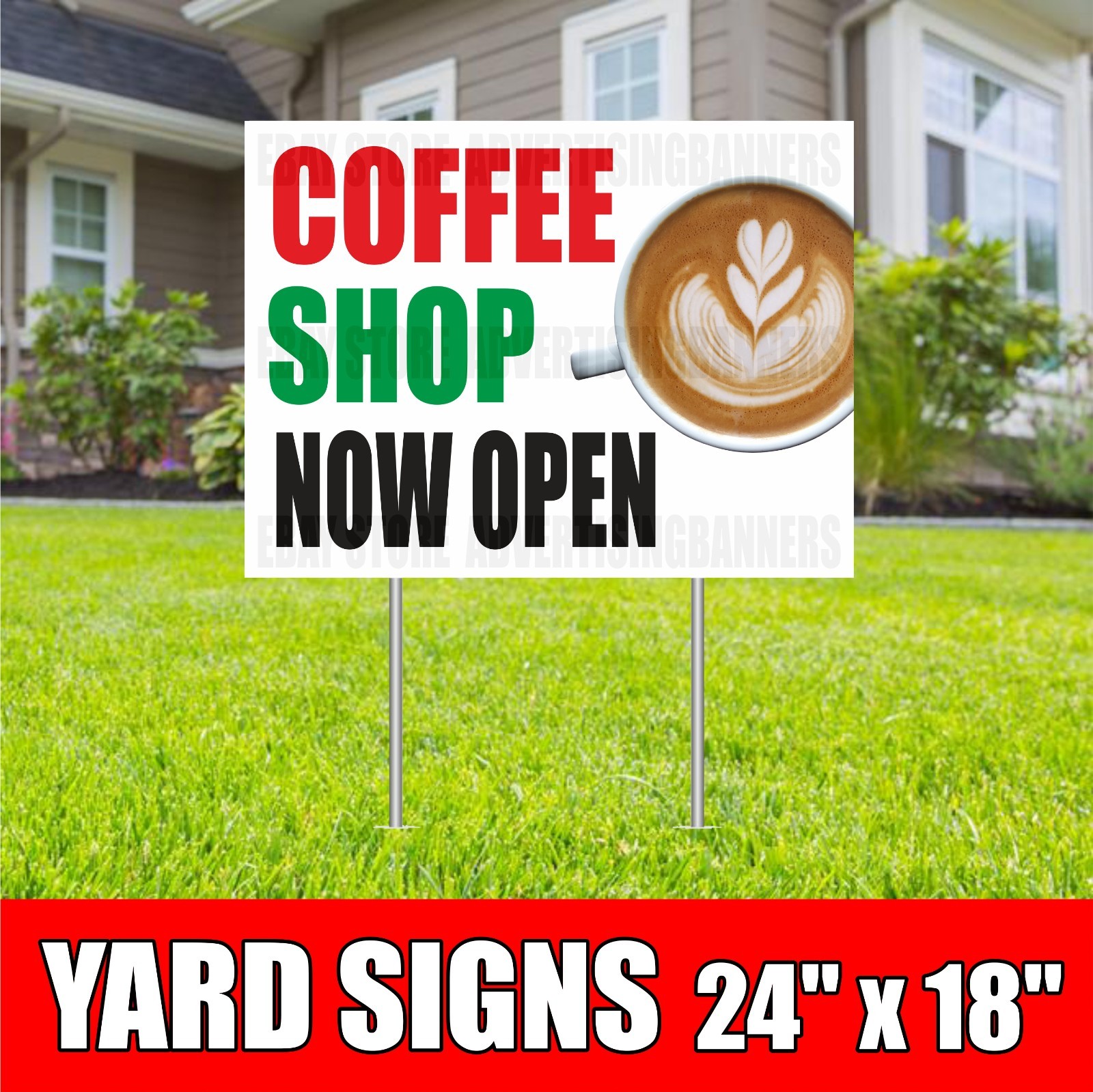COFFEE SHOP NOW OPEN Yard Sign with H-Stakes cafeteria tea bar grains cafe latte