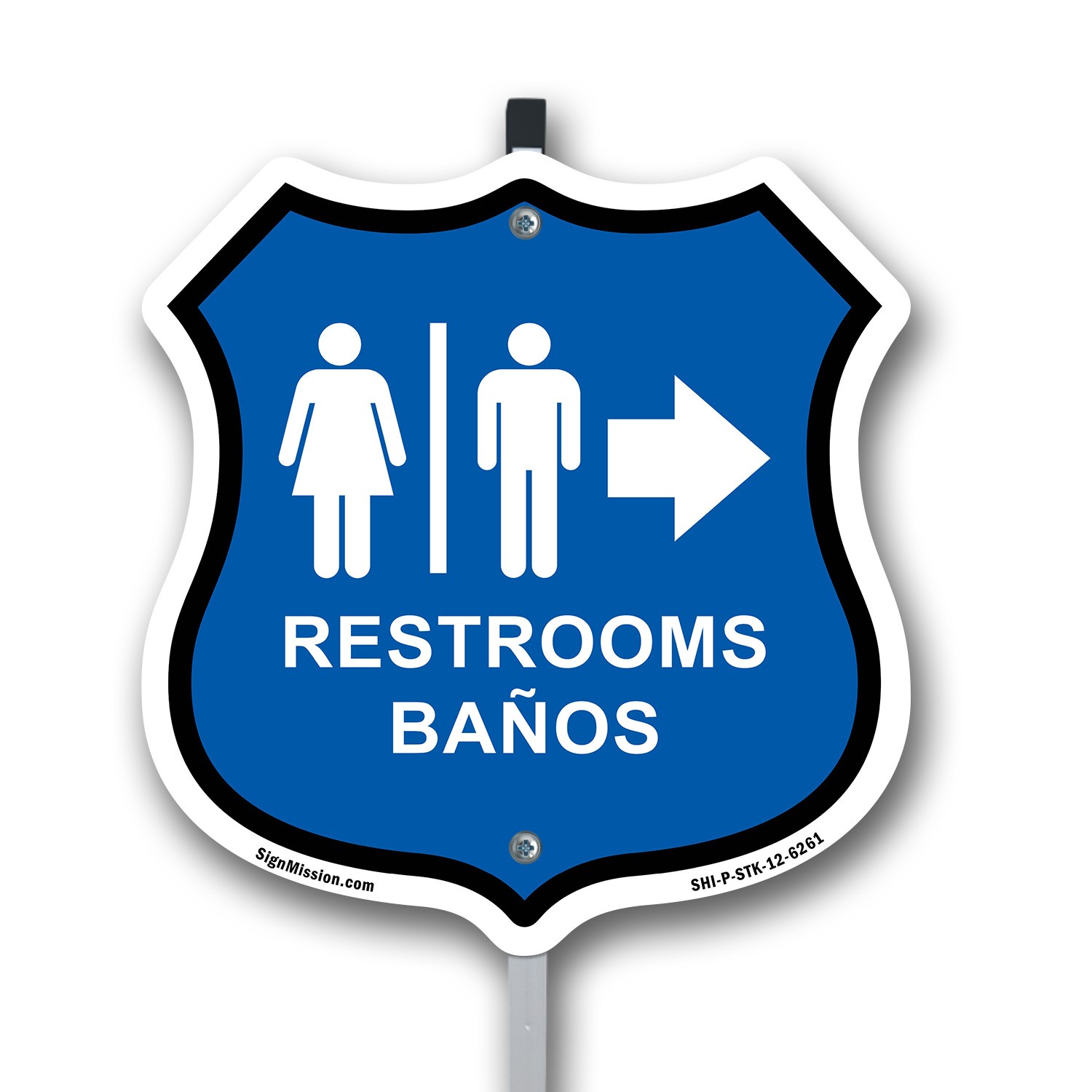 Restrooms Ba�os Right Arrow Bilingual English / Spanish Shield Sign With Stake