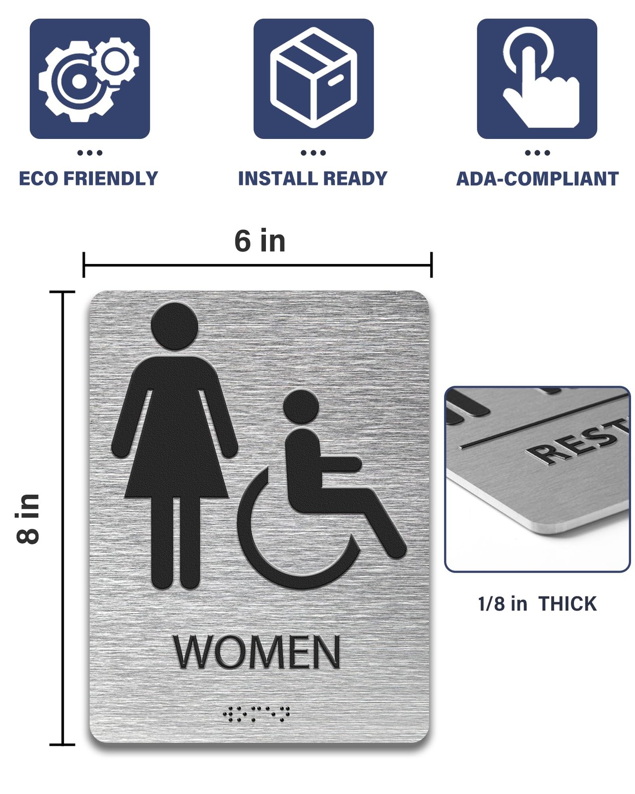 Modern ADA Compliant Restroom Sign Braille Bathroom Sign 6 Inch x 8 Inch Office