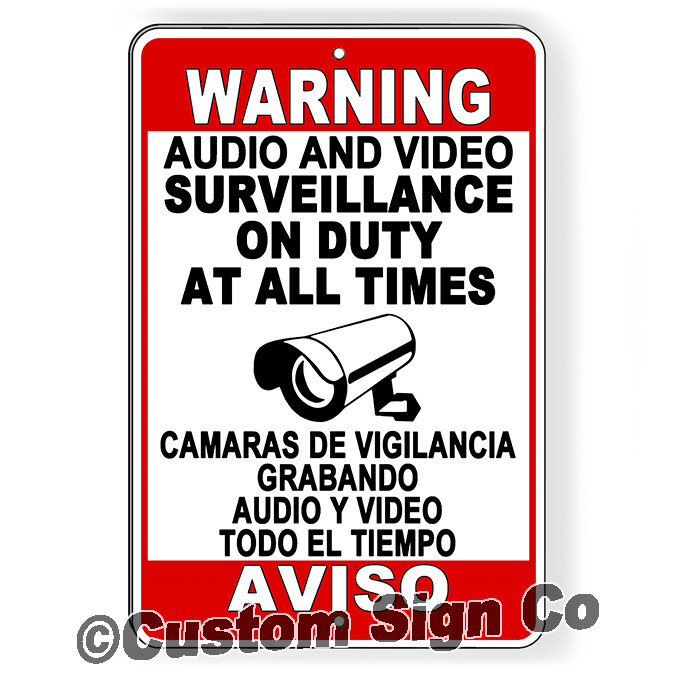 Spanish English Audio Video 24 Hour Surveillance Metal Sign Magnetic Decal cctv