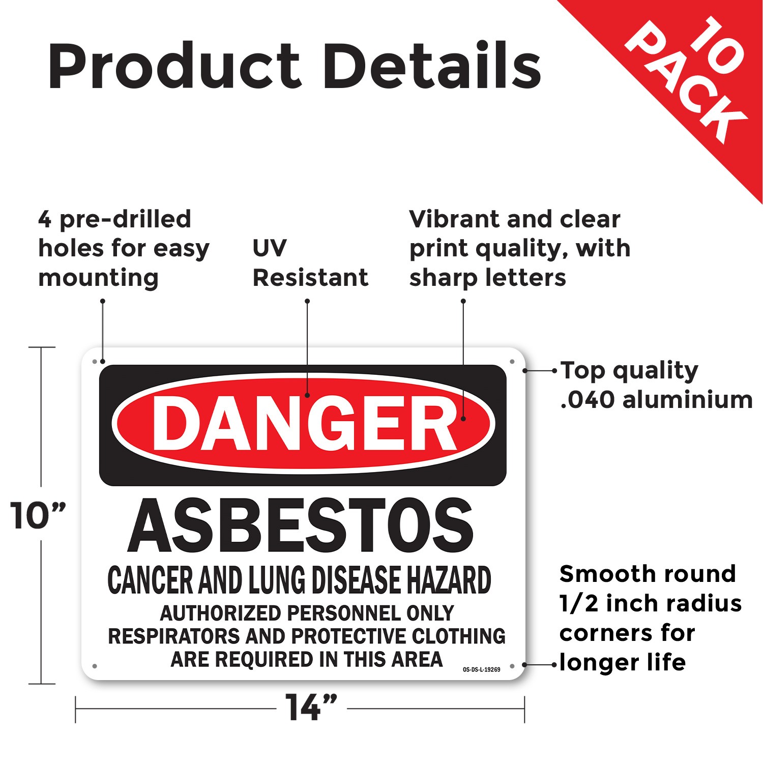 Asbestos Cancer and Lung Disease Hazard Authorized Personnel OSHA Sign 5/10 Pack