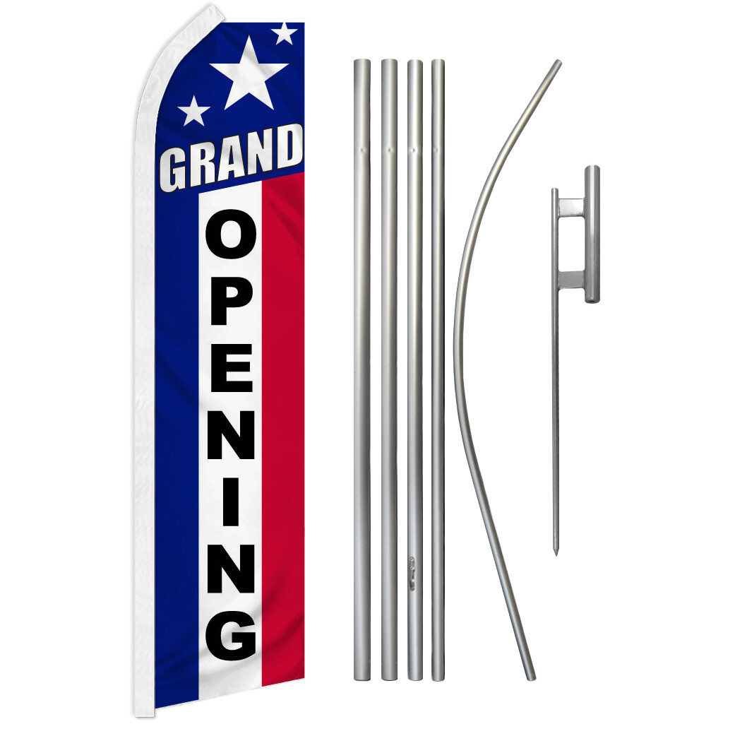 Grand Opening Swooper Flutter Feather Advertising Flag Kit Now Open RWB Stars