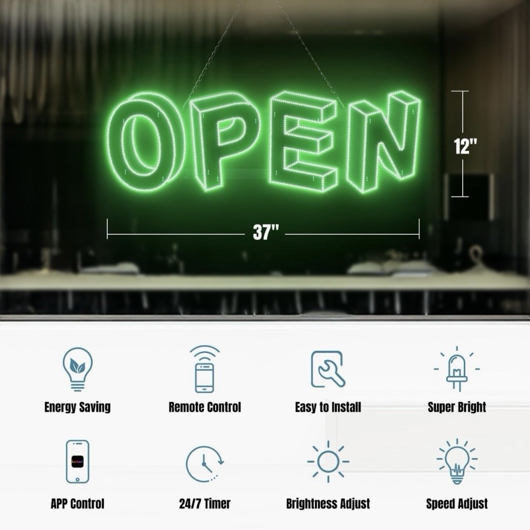 3D LED Open Sign, 37”X 12”, Timer Settings, Adjustable Brightness with 14 Modes
