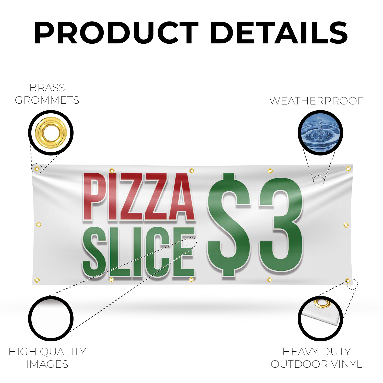 Pizza Slice $3 Vinyl Banner Sign with Metal Grommets Heavy-Duty Single-Sided