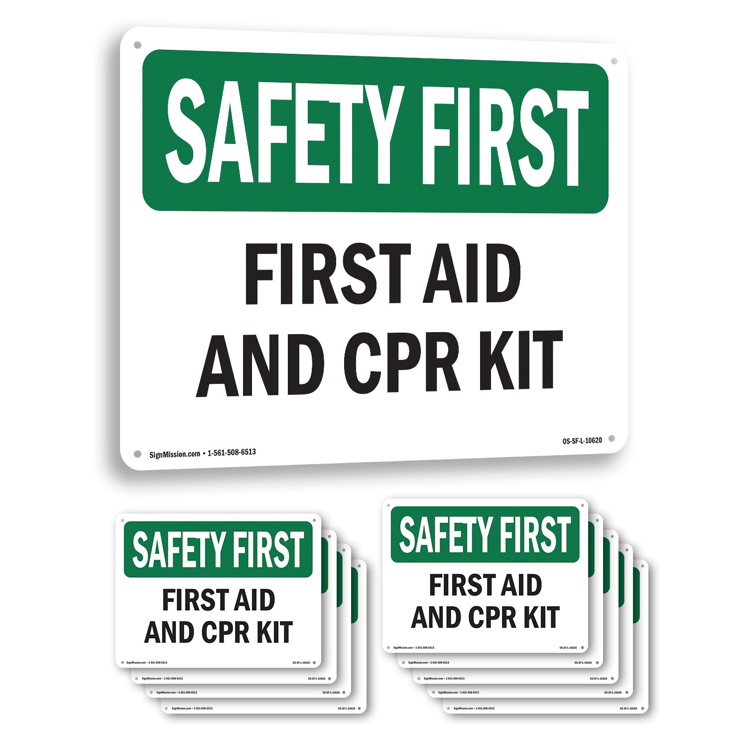 First Aid And CPR Kit OSHA SAFETY FIRST Sign Metal, Plastic, Decal 5 or 10 Pack