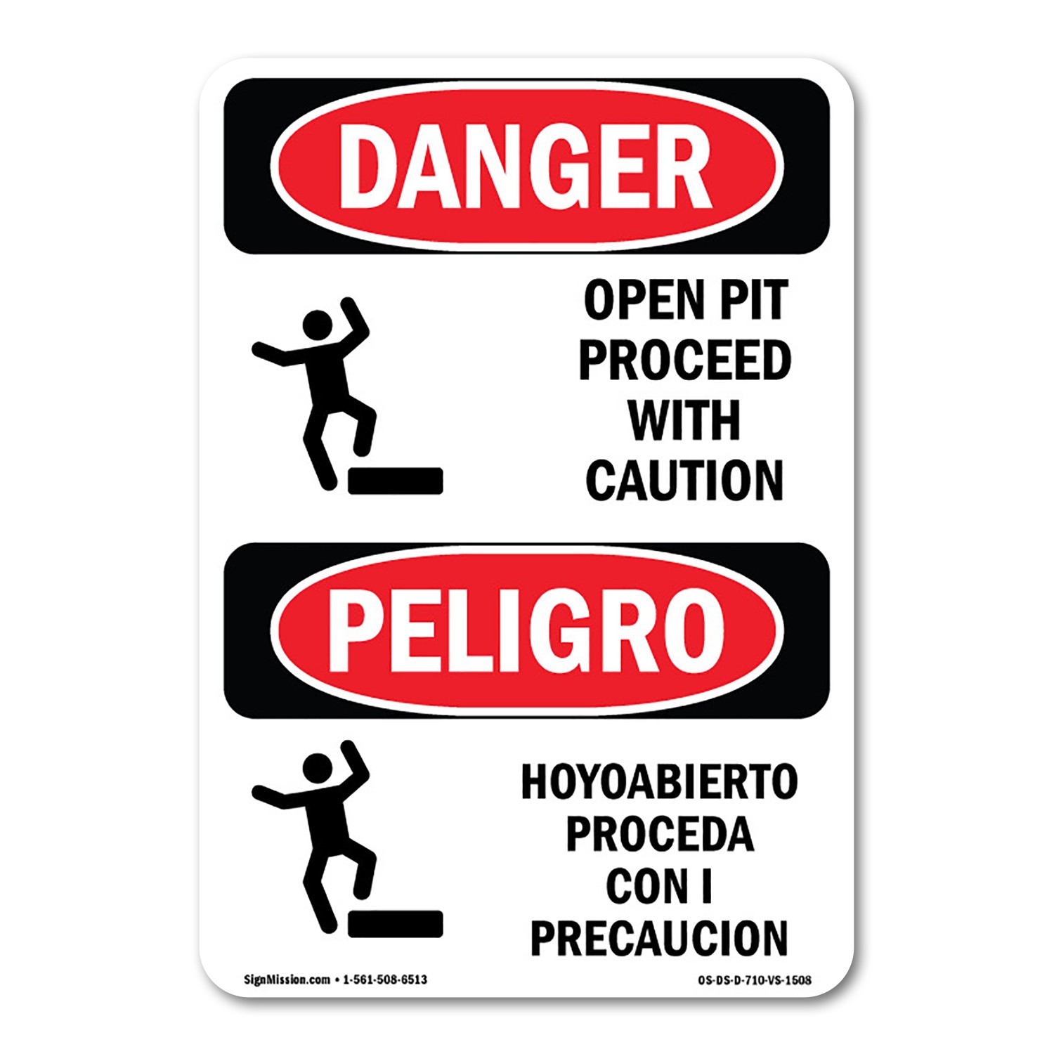 Open Pit Proceed With Caution Bilingual ANSI Danger Sign Metal Plastic Decal