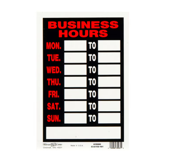 Hillman Business Hours 12-In X 8-In Plastic Business Hours Sign