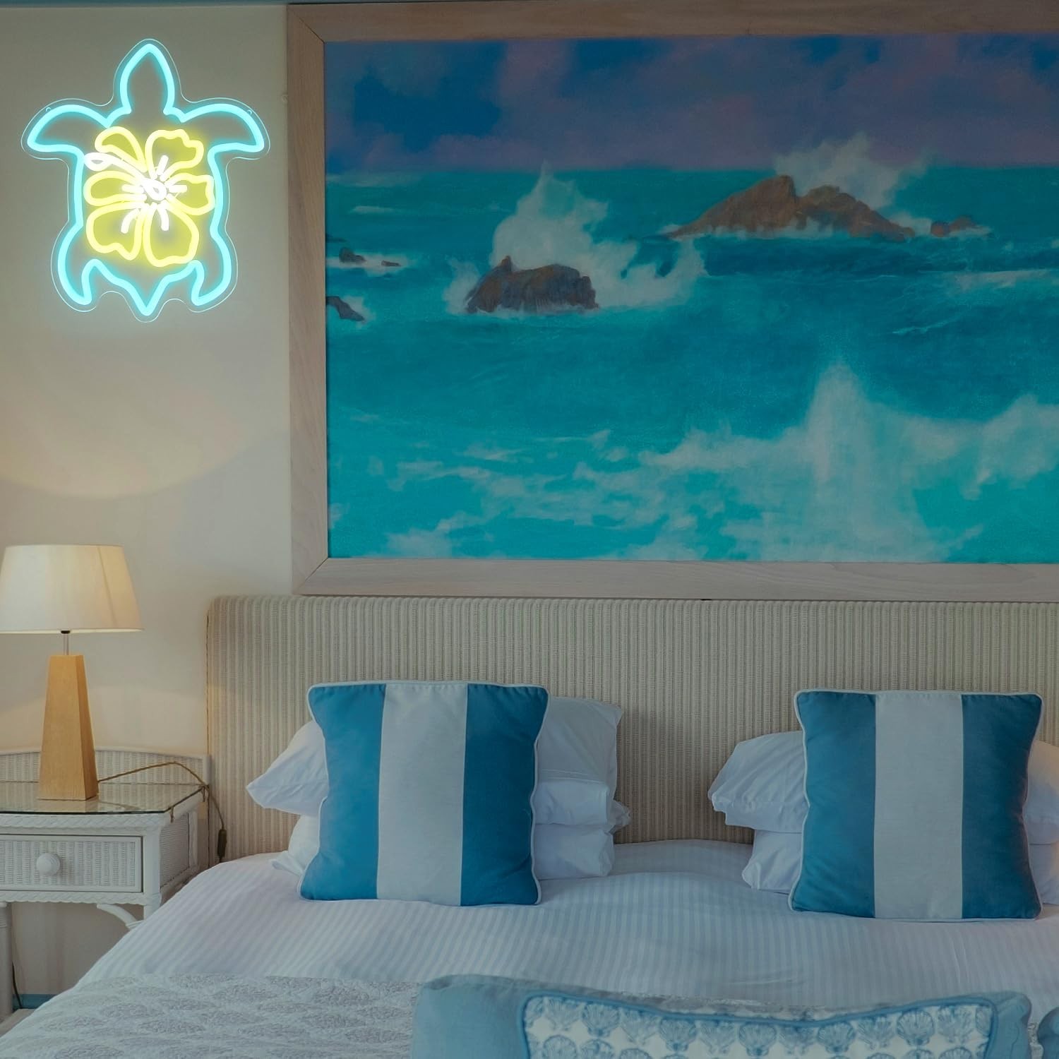 Sea Turtle Hibiscus Neon Signs for Wall Decor Blue Turtle Neon Light Yellow F…