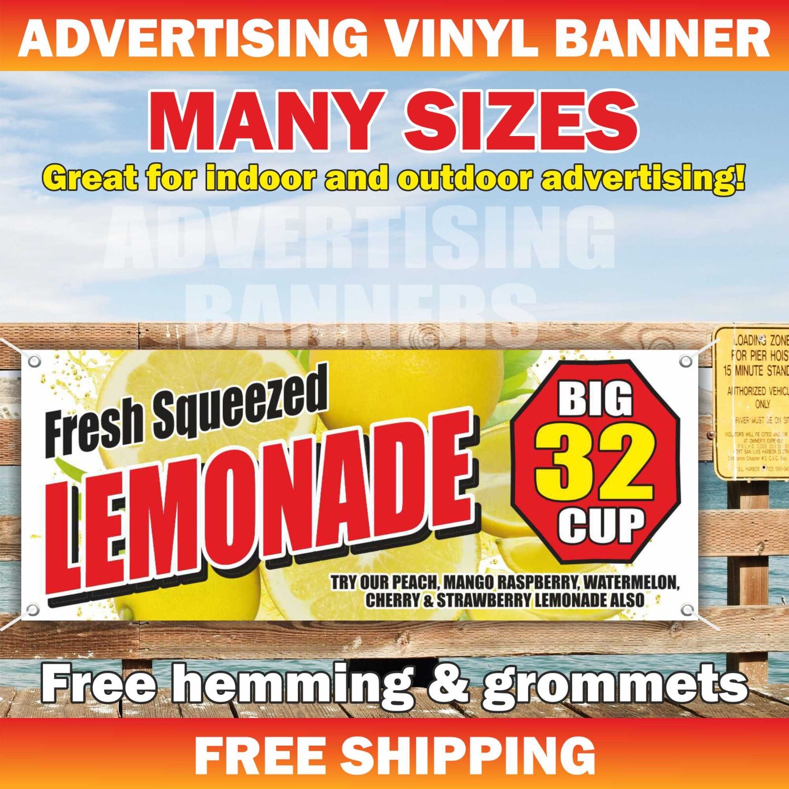 FRESH SQUEEZED LEMONADE Advertising Banner Vinyl Mesh Sign ICE COLD WATER Drinks