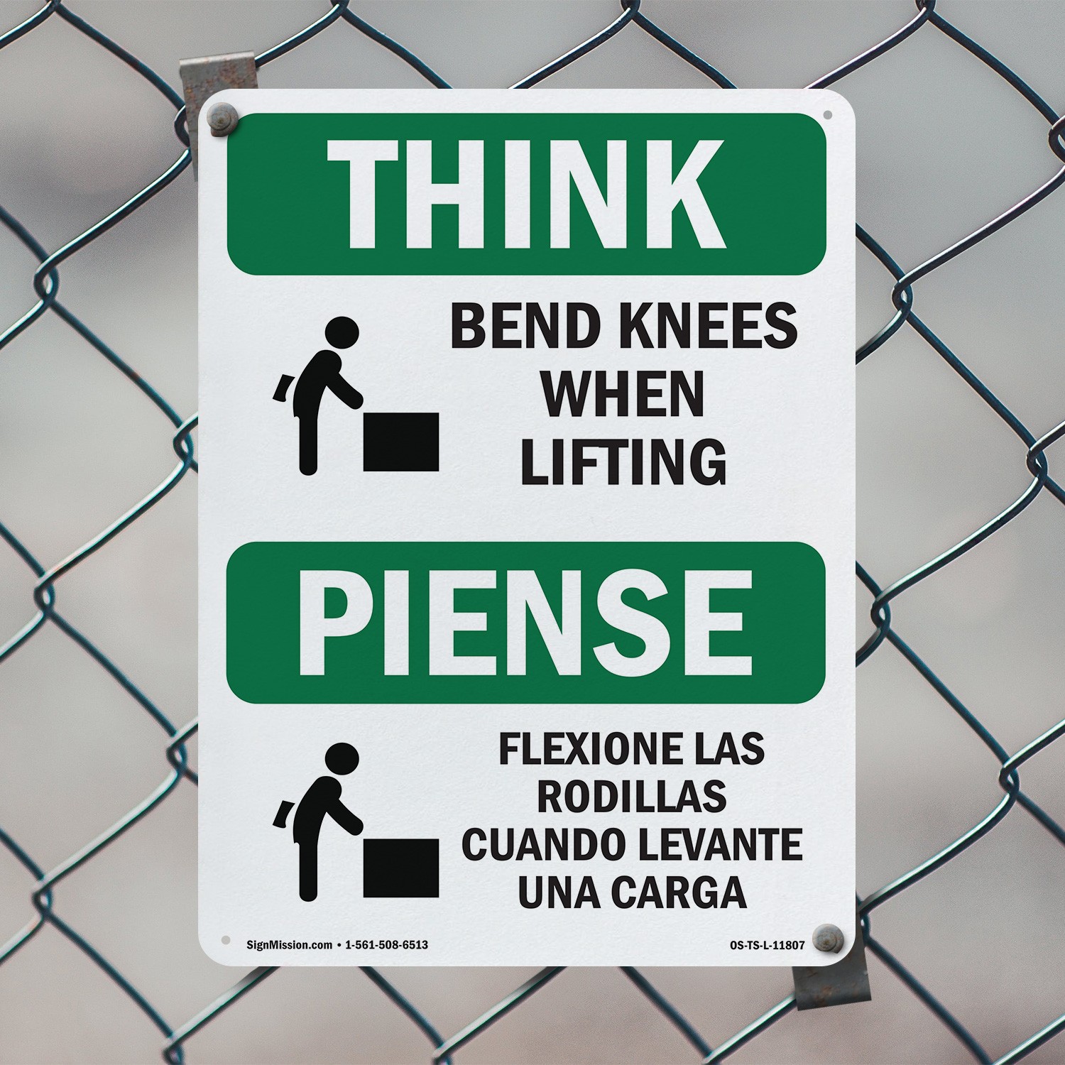 Bend Knees When Lifting Bilingual OSHA Think Sign Metal, Decal – 5 or 10 Pack