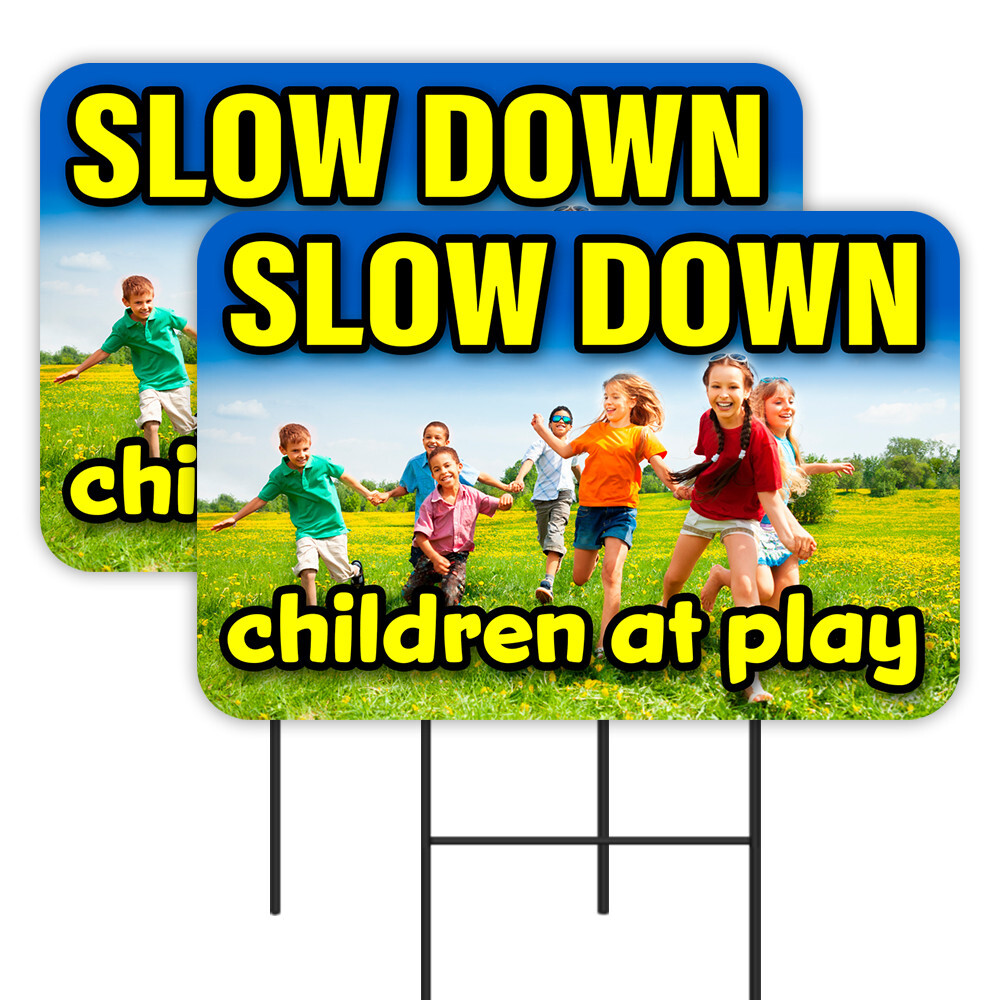 SLOW DOWN – Children At Play 2 Pack Double-Sided Yard Signs 16″ x 24″ with Metal