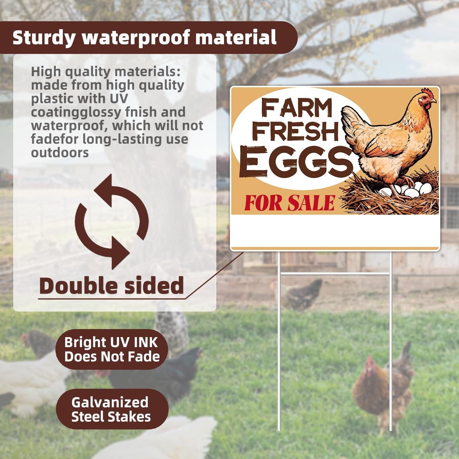 Farm Fresh Eggs Sign, 3-Pack 14″x11″ H-Metal Stakes, Double-Sided Signs, Corr…