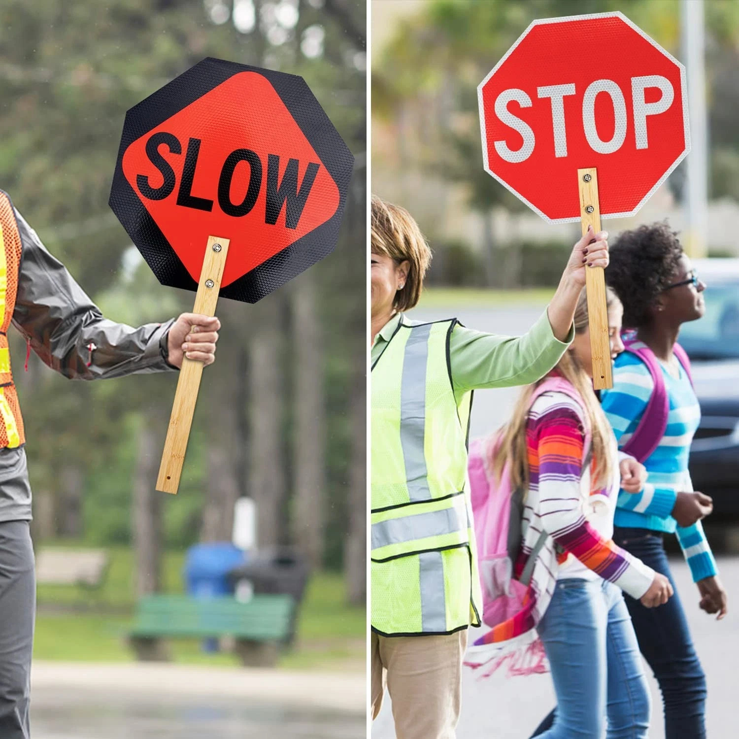 Stop Slow Sign with 13 x 13, Red – 2 Pack- 13″ x Bamboo Handle