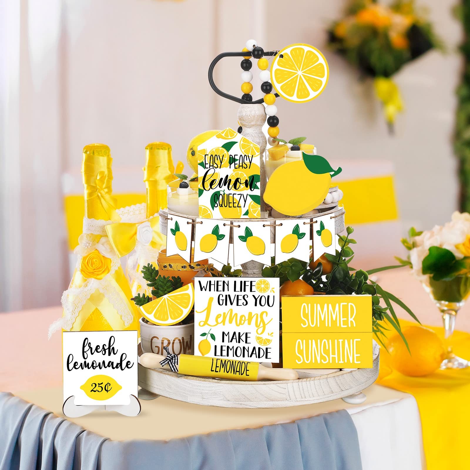 14 Pcs Summer Lemon Tiered Tray Decor Set Summer Table Decoration Lemonade Wo…