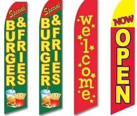 4 Swooper Flags Burgers Fries Restaurant Hamburger Welcome Open Green Red Yellow