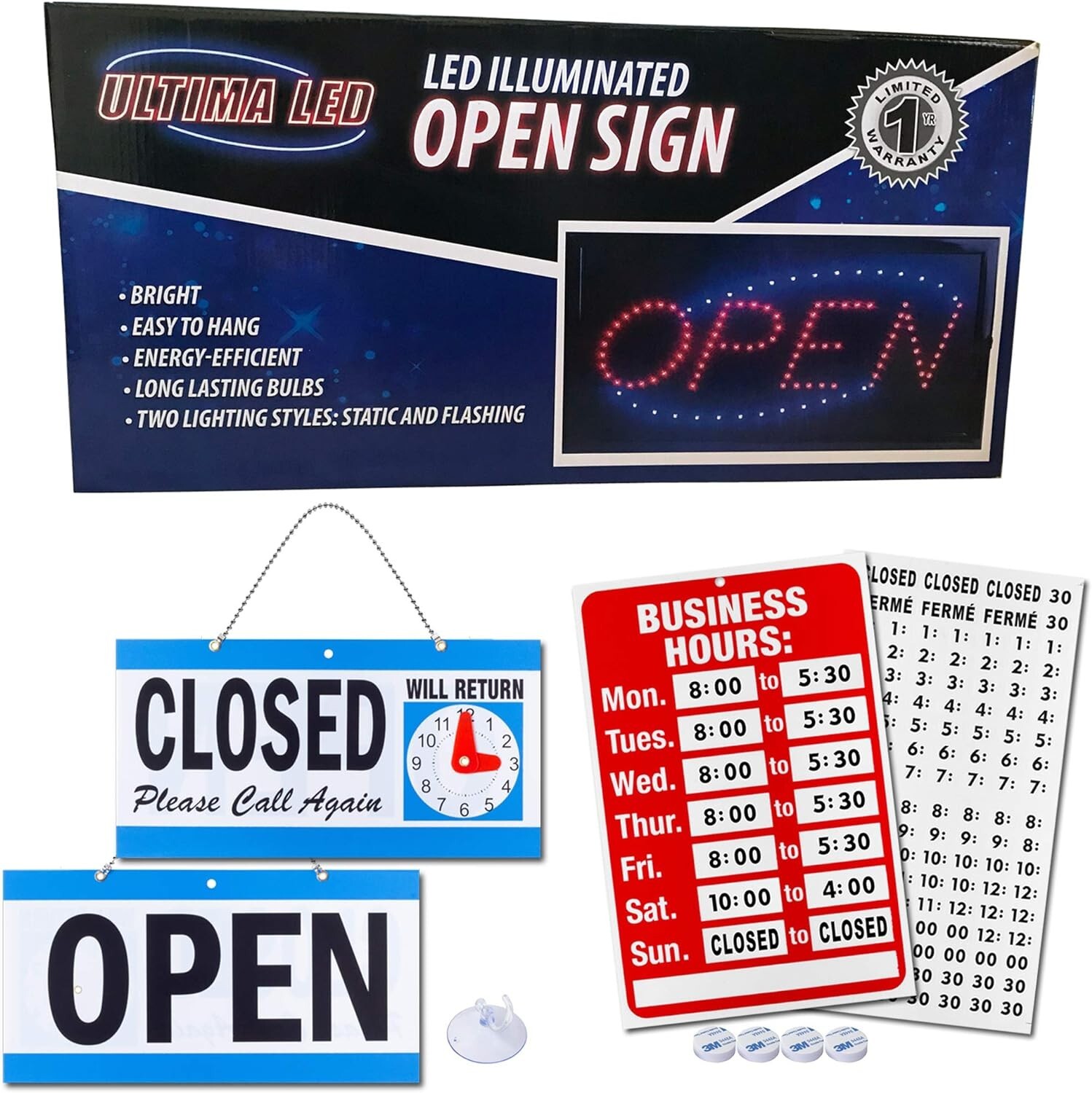 Energy Efficient Open Sign – Easy Install Wall Mount with Closed Sign Included