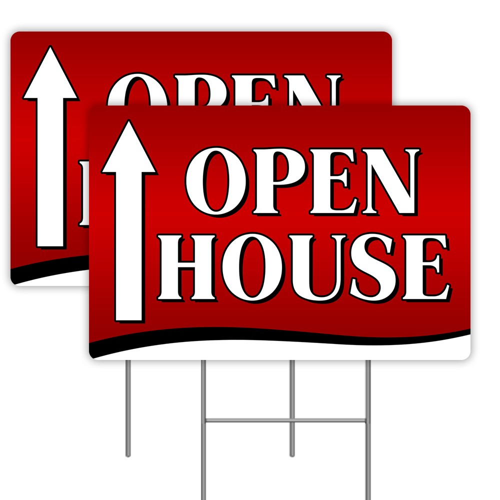 OPEN HOUSE (Up Arrow) 2 Pack Double-Sided Yard Signs 16″ x 24″ with Metal Stakes