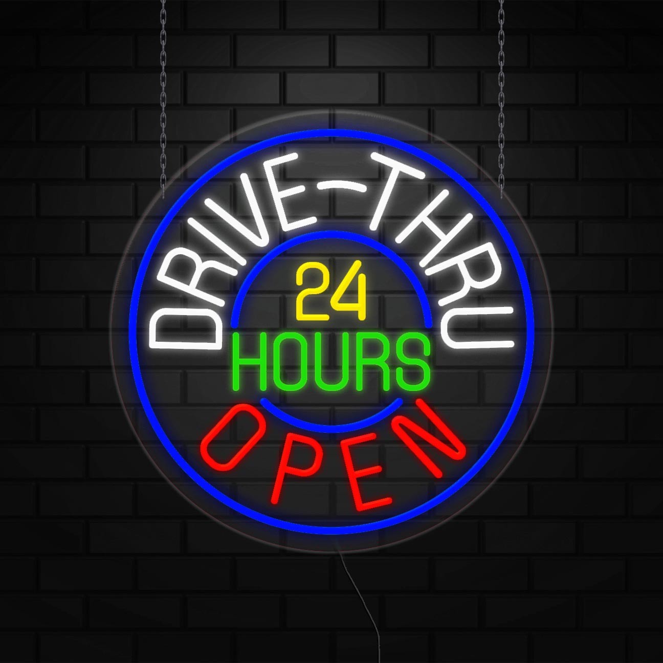 Drive Thru Open 24 Hours Sign for Business | LED Flex Neon | 26″W x 26″H x 1″D