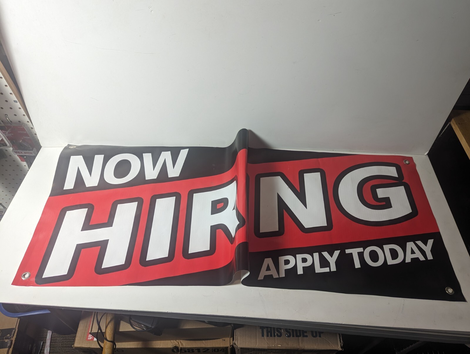 NOW HIRING APPLY TODAY Black & Red Vinyl Banner Flag Sign 36″ x 20″