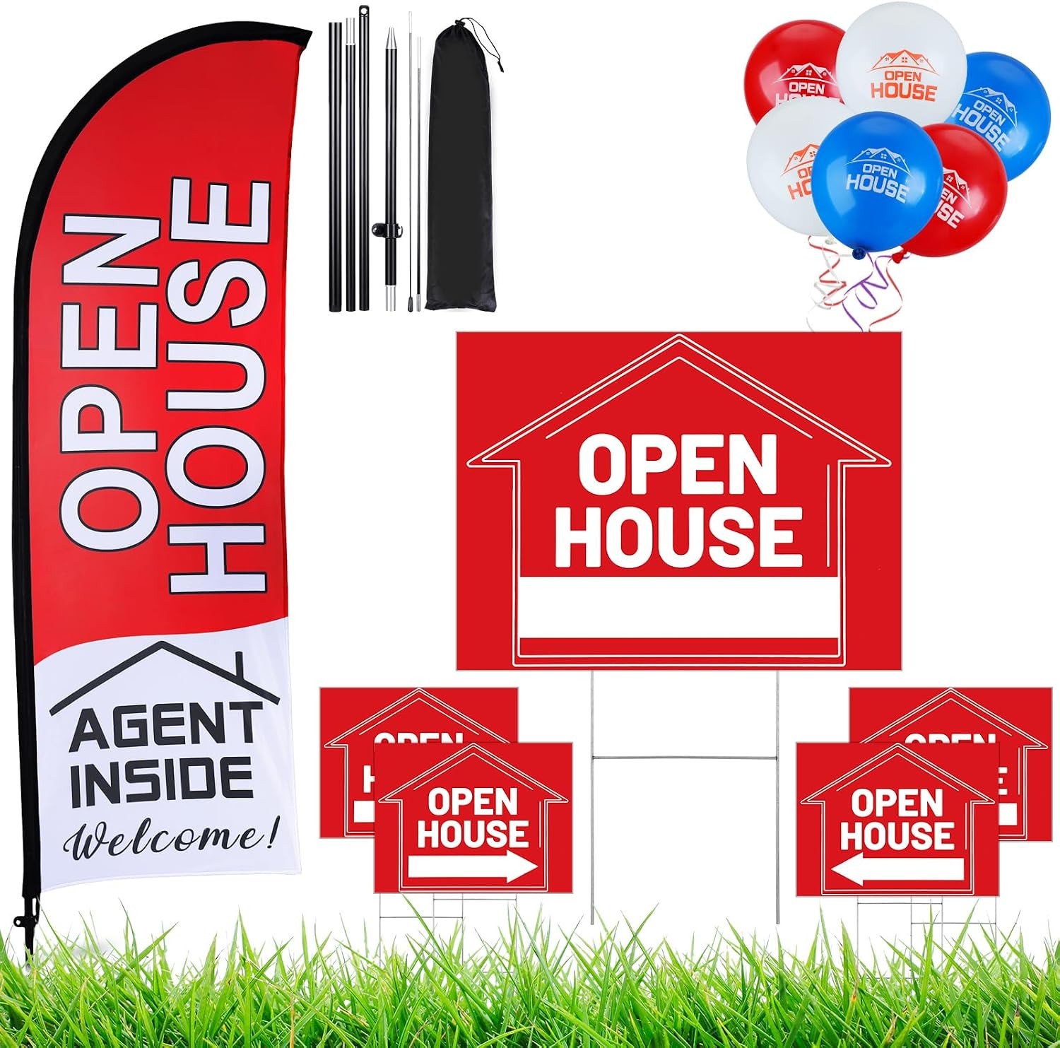 Open House Signs Set (36 Pcs Total), 1 Open House Flag with Pole Kit for Yard, 5