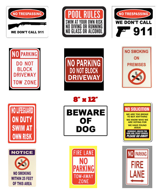 No Parking No Trespassing No Smoking Beware Dog Pool, Fire Notice PVC Signs 8×12