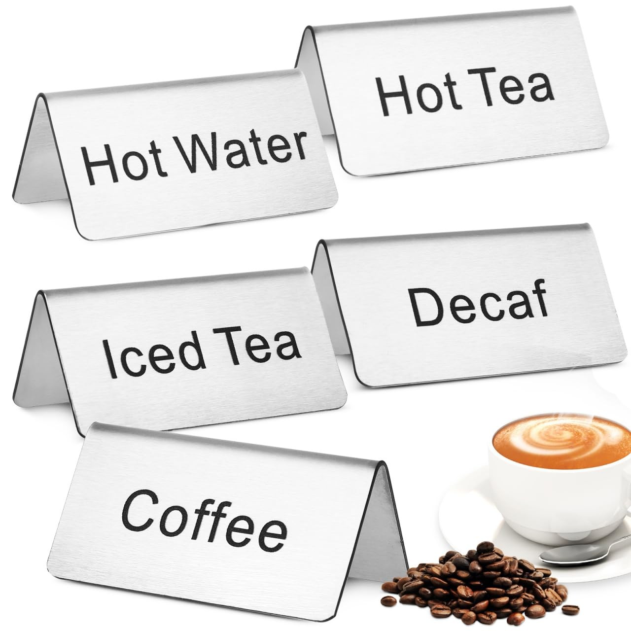Stainless Steel Table Signs for Coffee and Tea Station – 5-Pack Beverage Tent…