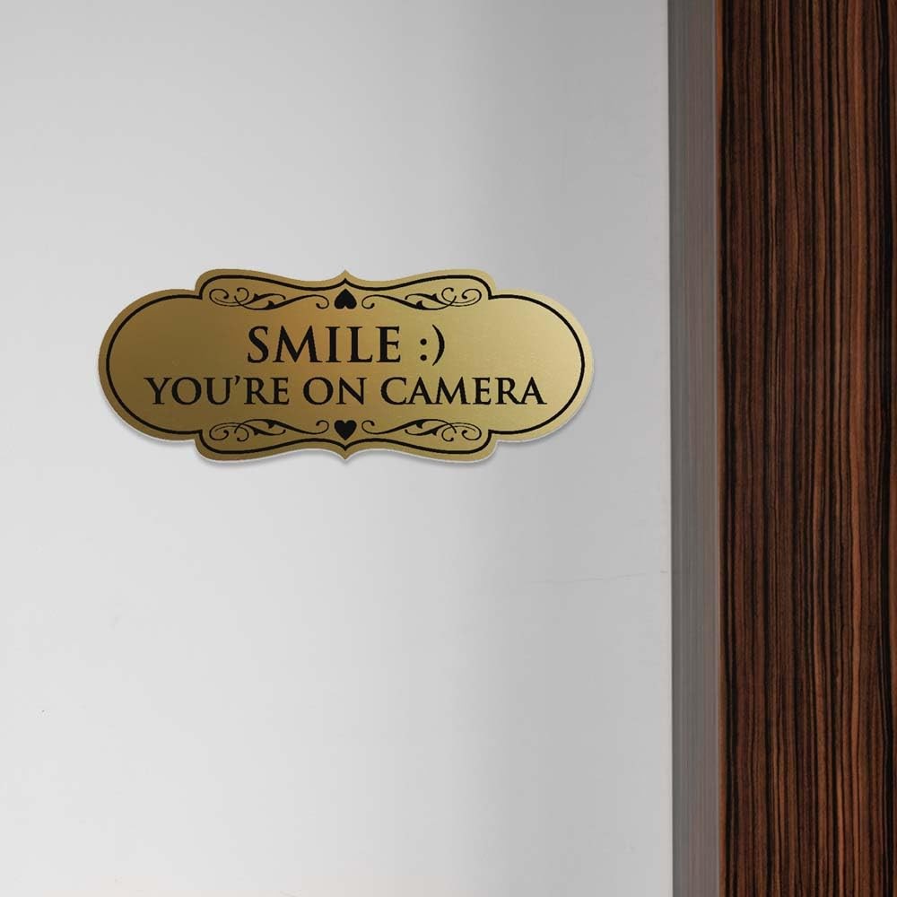 Large Black Designer Smile You’re On Camera Sign Durable Wall Door Security