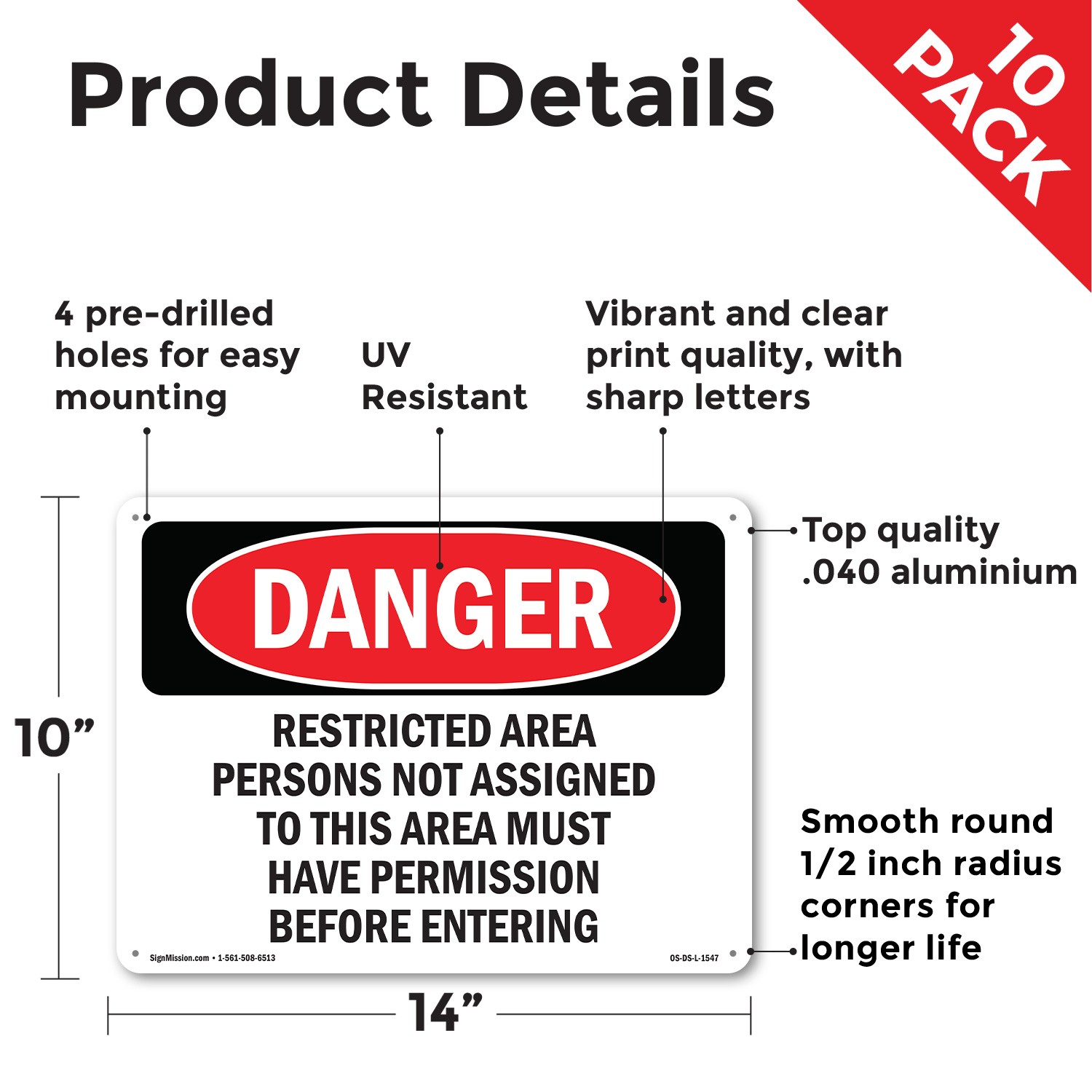 Restricted Area Persons Not Assigned OSHA Danger Sign Or Decal – 5 or 10 Pack
