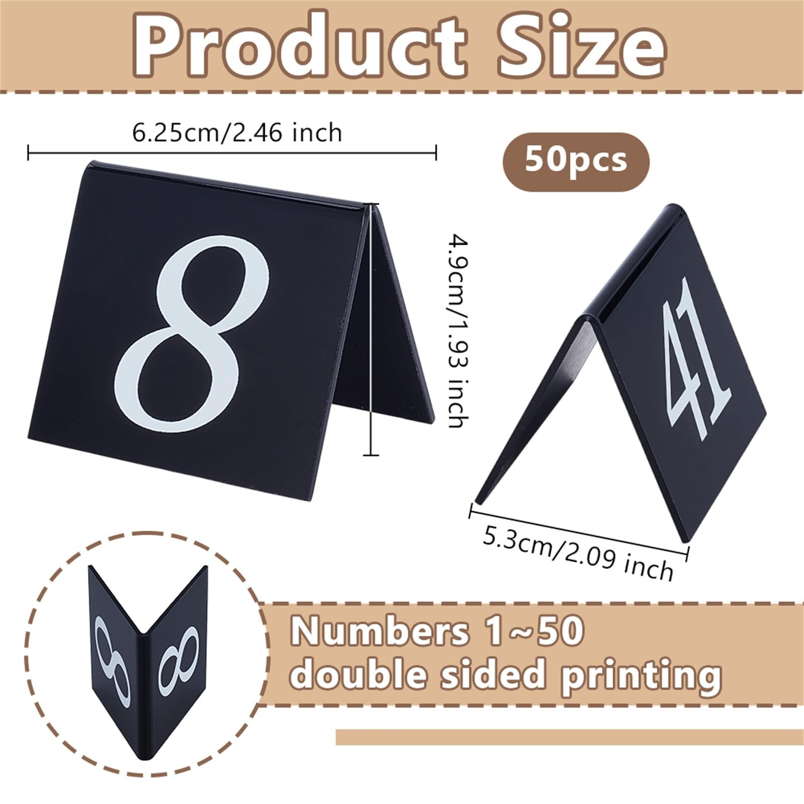 50 PCS 150 Black Acrylic Double Sided Tent Table Numbers 2.1×2.5×1.9 Inch
