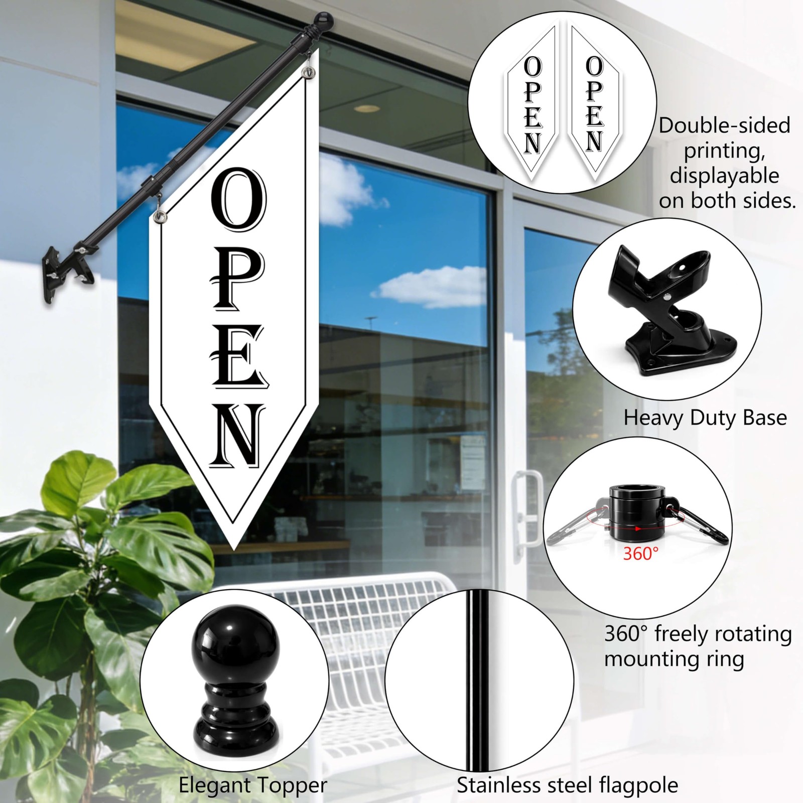 OPEN Flag with Pole Kit, Double-Sided Heavy Duty Hanging Banner Sign with Met…