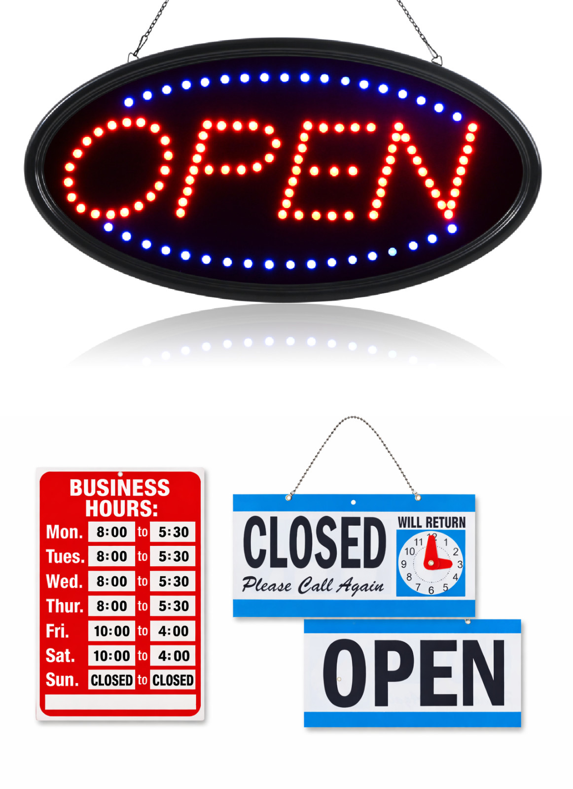 LED Neon Open Sign and Business Hour Sign Bundle for Business – Includes 3 Signs