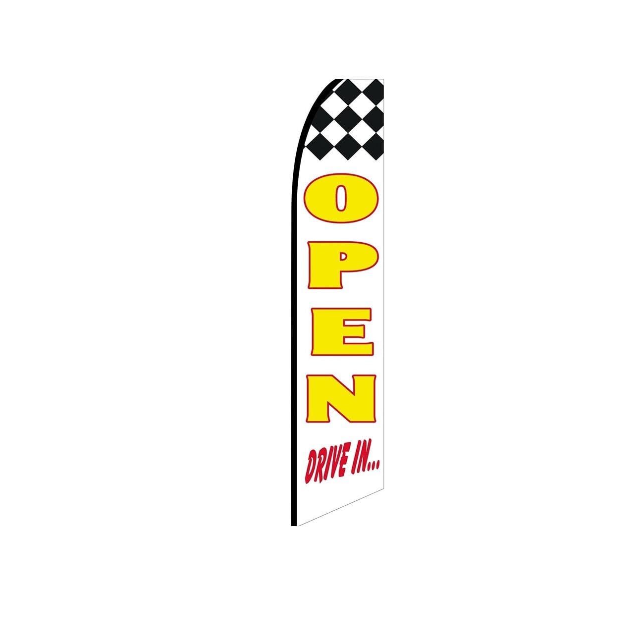 Open Drive In White Swooper Flutter Feather Flag | 3ft W x 11.5ft Tall