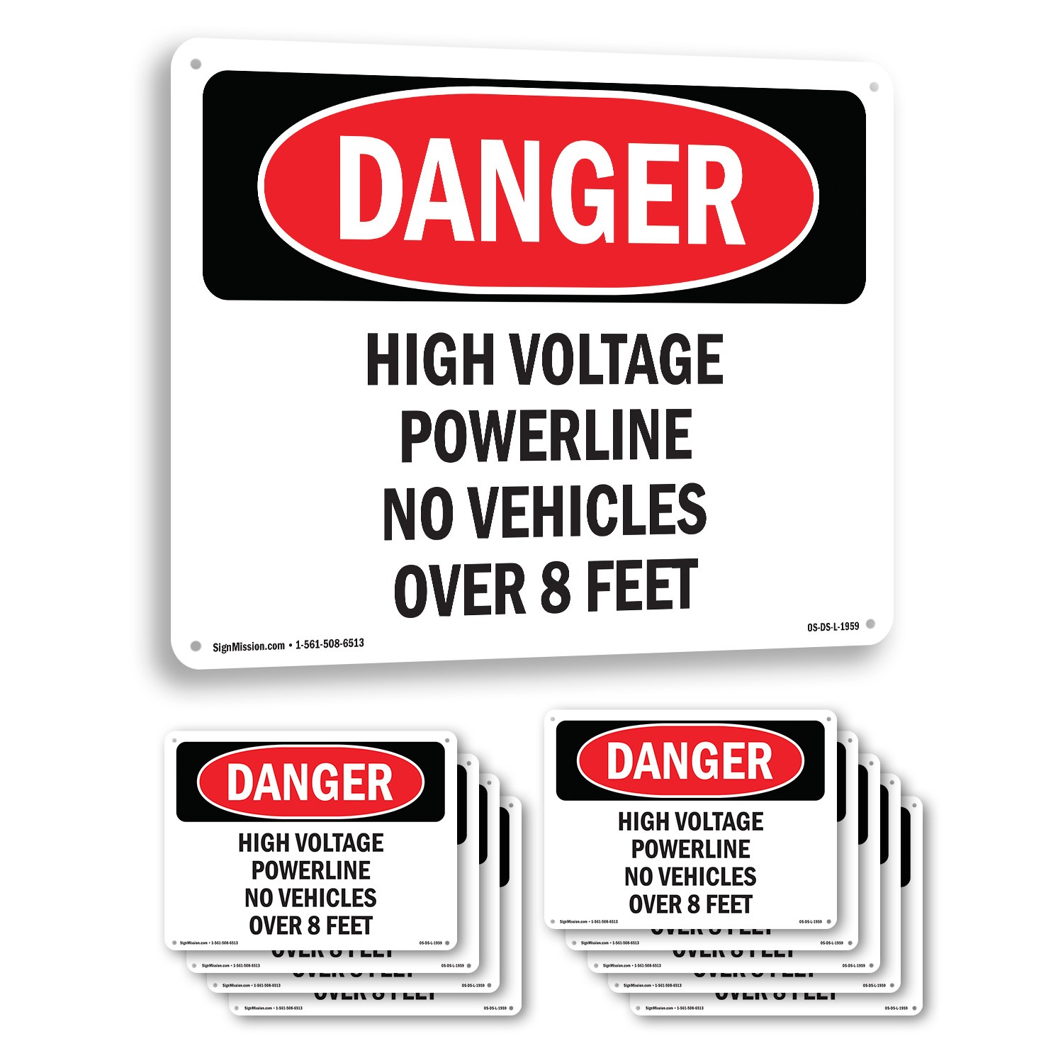 High Voltage Powerline No Vehicles Over 8 Feet OSHA Danger Sign – 5 or 10 Pack