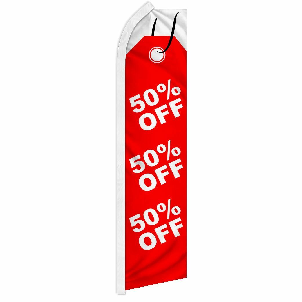 “50% OFF” advertising super flag swooper banner business sign red tag fifty sale