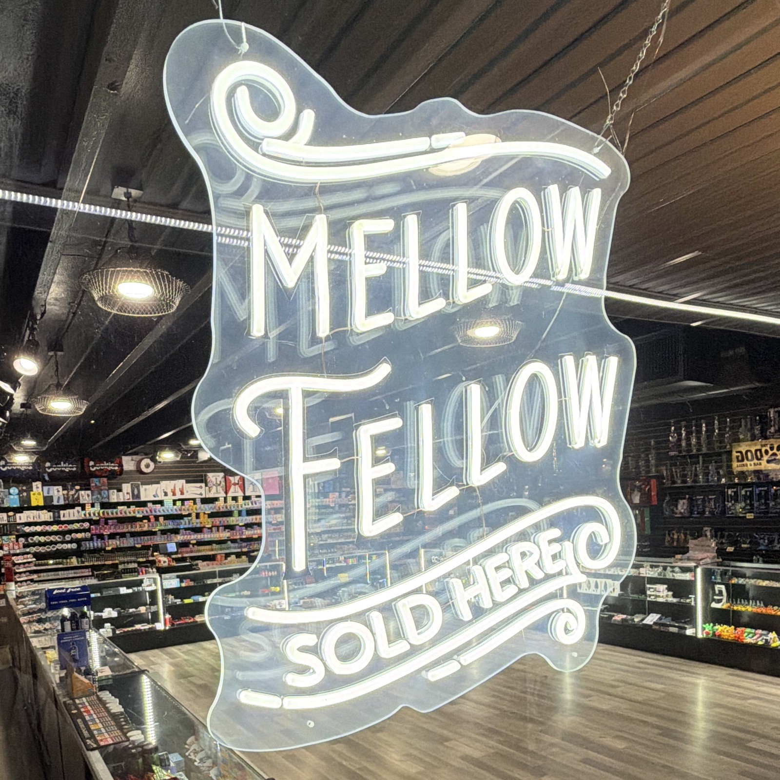 Mellow Fellow Sold Here LED Lighted Hanging Clear Acrylic Graphic Sign