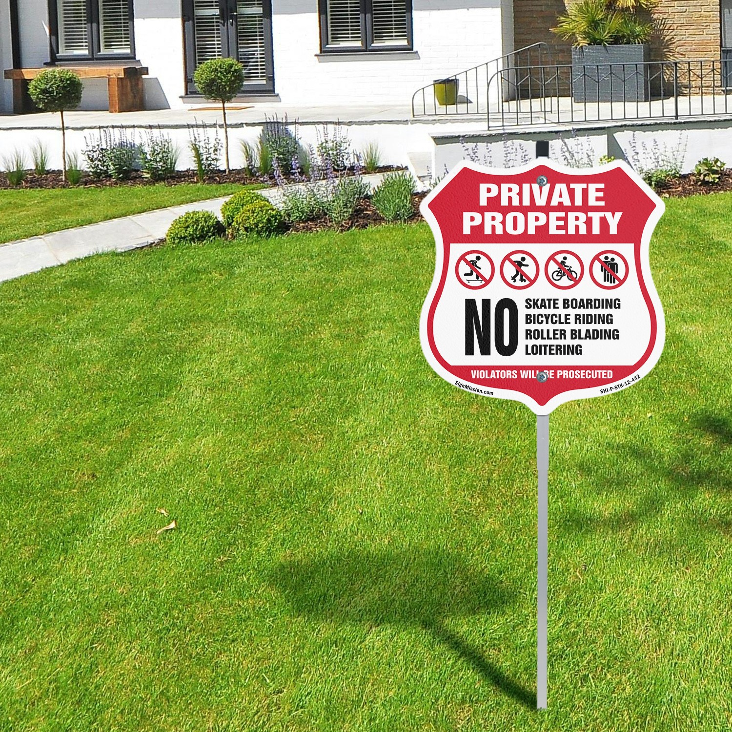 Private Property Shield Sign No Skateboarding Bicycle Ri Shield Sign With Stake