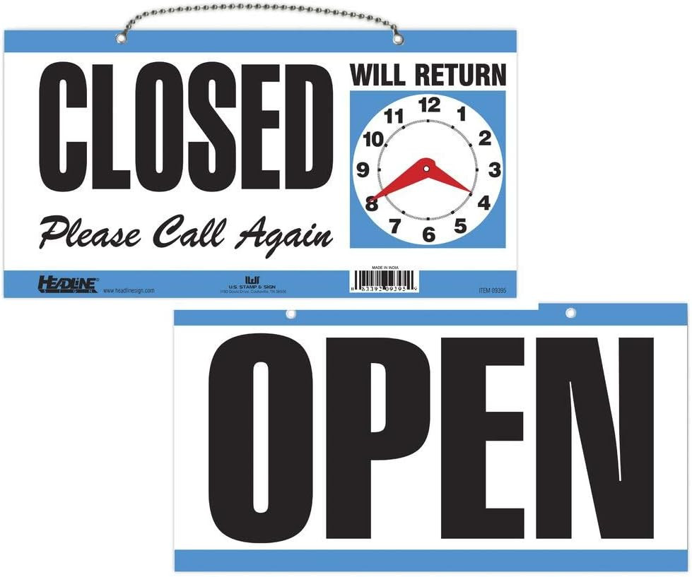 Sign 9395 Double-Sided Open/Closed/Will Return Sign with Clock Hands, 6″ X 11.5″