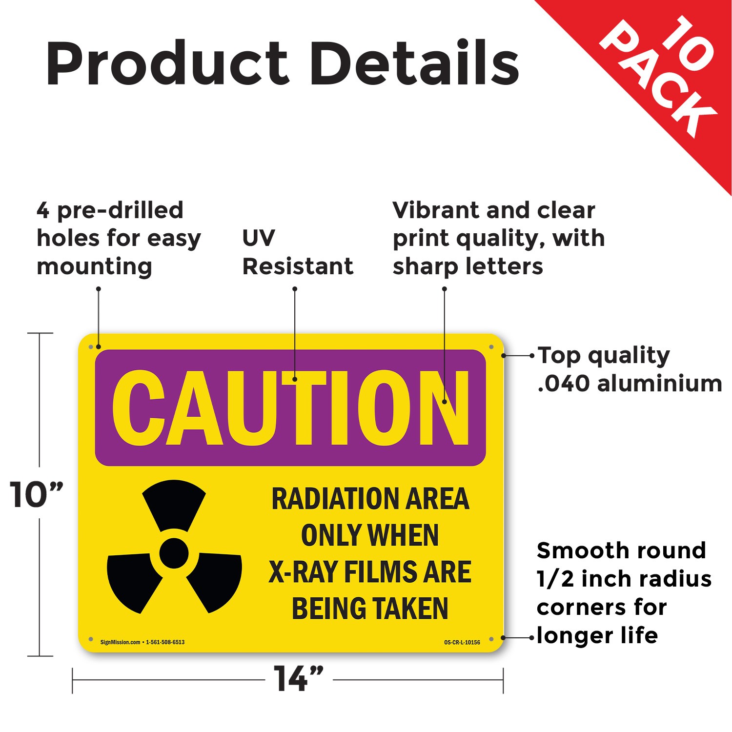 Radiation Area Only When X OSHA Caution Radiation Sign Or Decal – 5 or 10 Pack