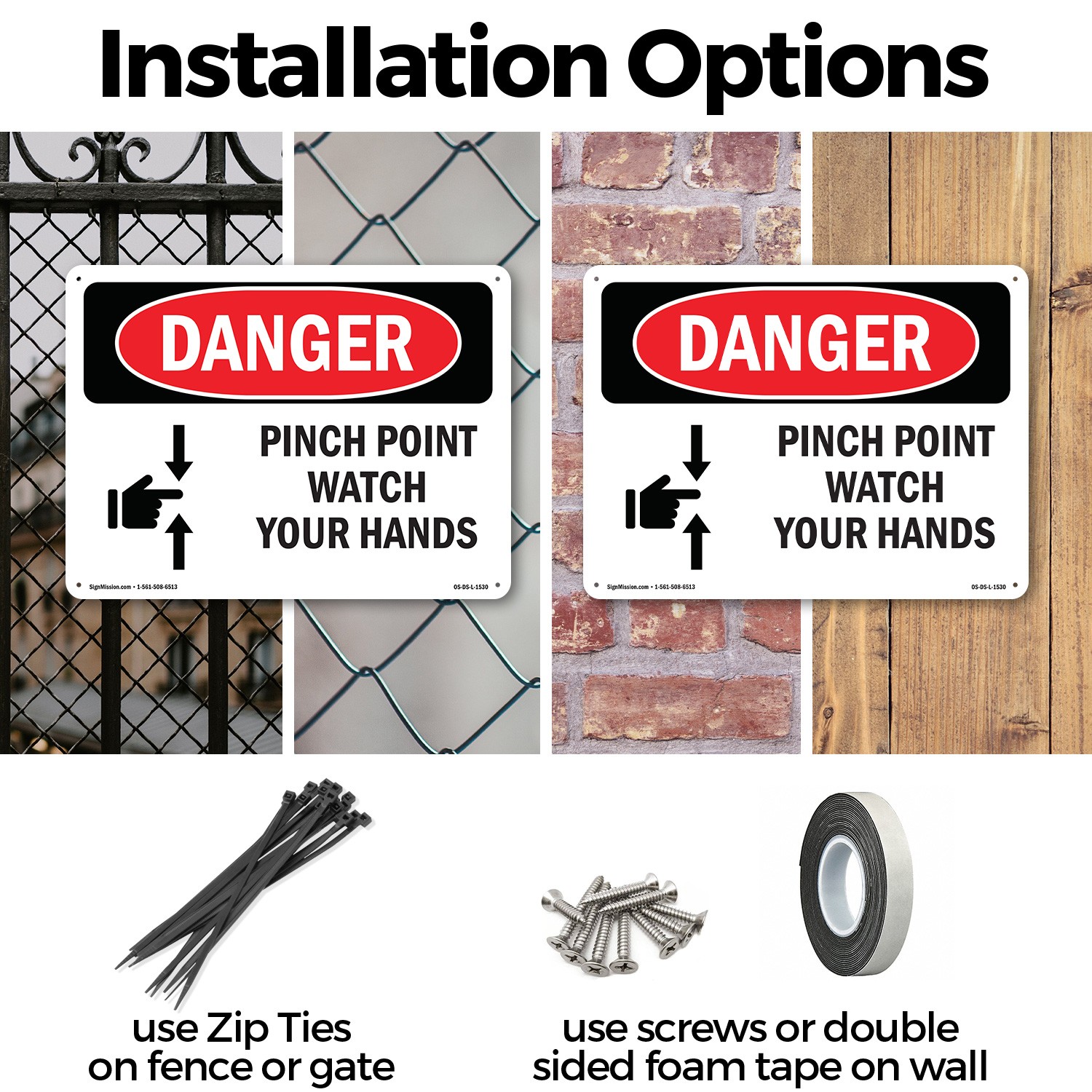 Pinch Point Watch Your Hands OSHA Danger Sign Metal, Plastic, Decal 5 or 10 Pack