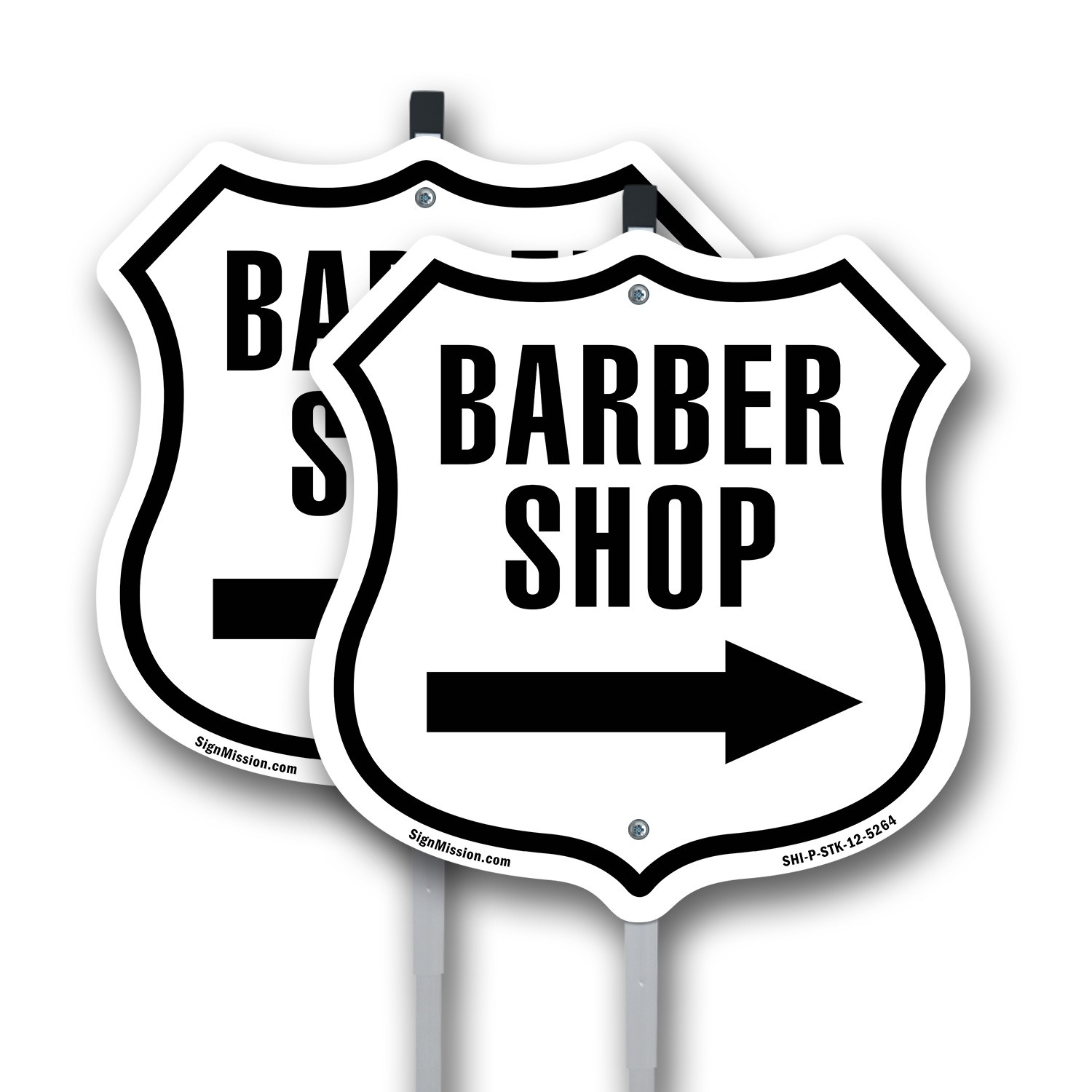 Barber Shop Right Arrow Shield Shaped Sign With Stake Crafted in the USA
