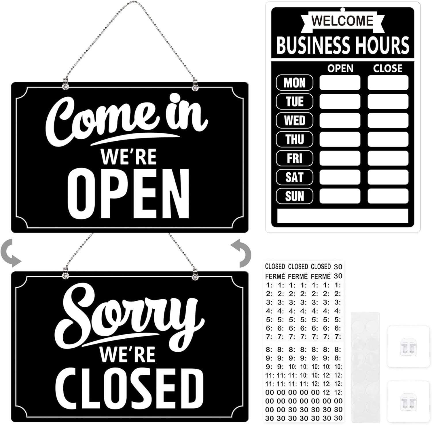 Open Closed Flip Sign Set, Business Hours Sign for Window Door, Black Double Sid