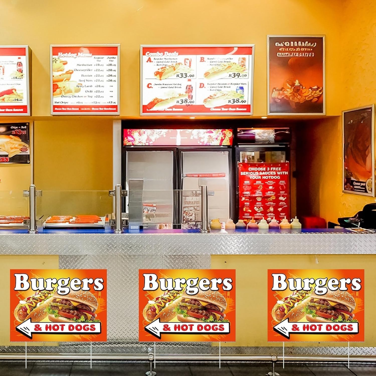 3 Pack Eye-Catching Burgers & Hot Dogs Yard Signs 15.7 x 12 Inches for Outdoors
