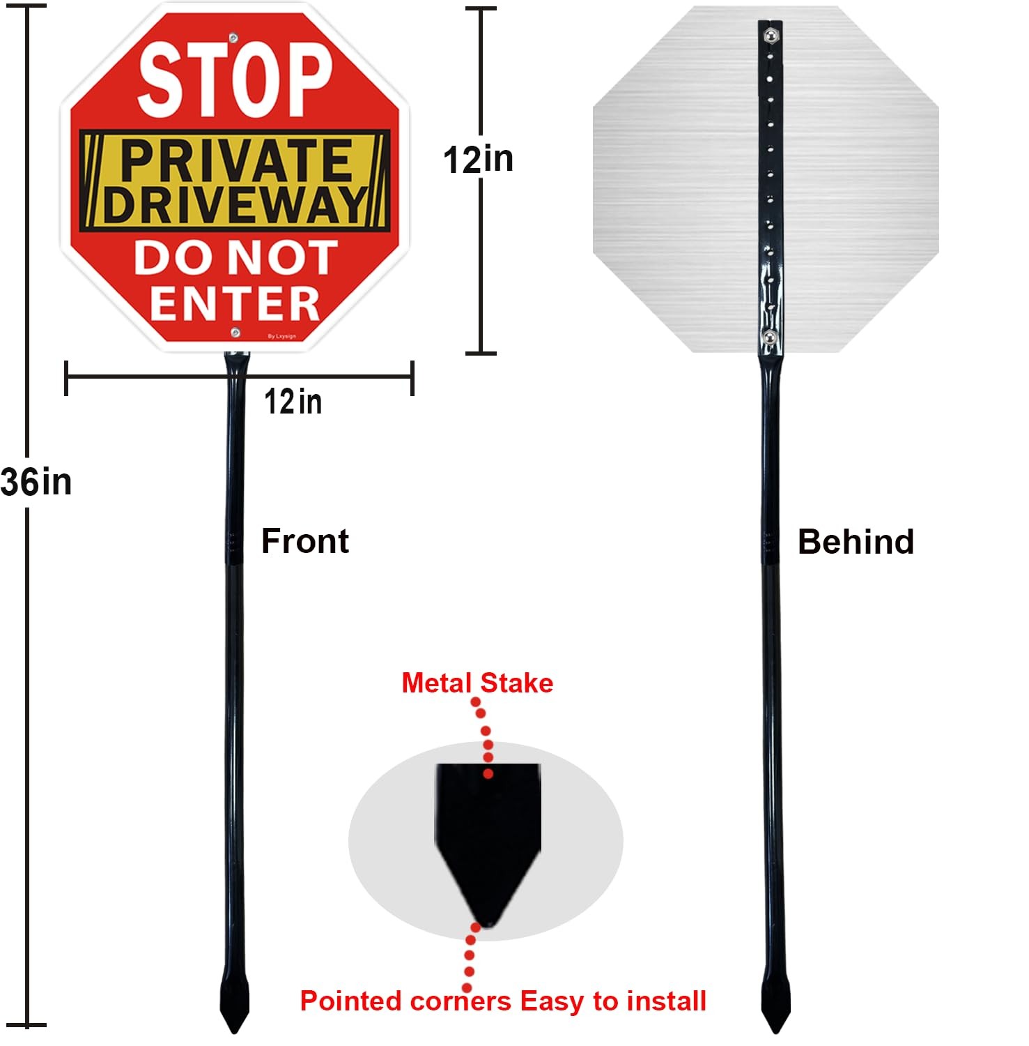 Stop Sign Private Driveway Do Not Enter Stake 36 Inch Aluminum 12×12 Inch 2 PCS