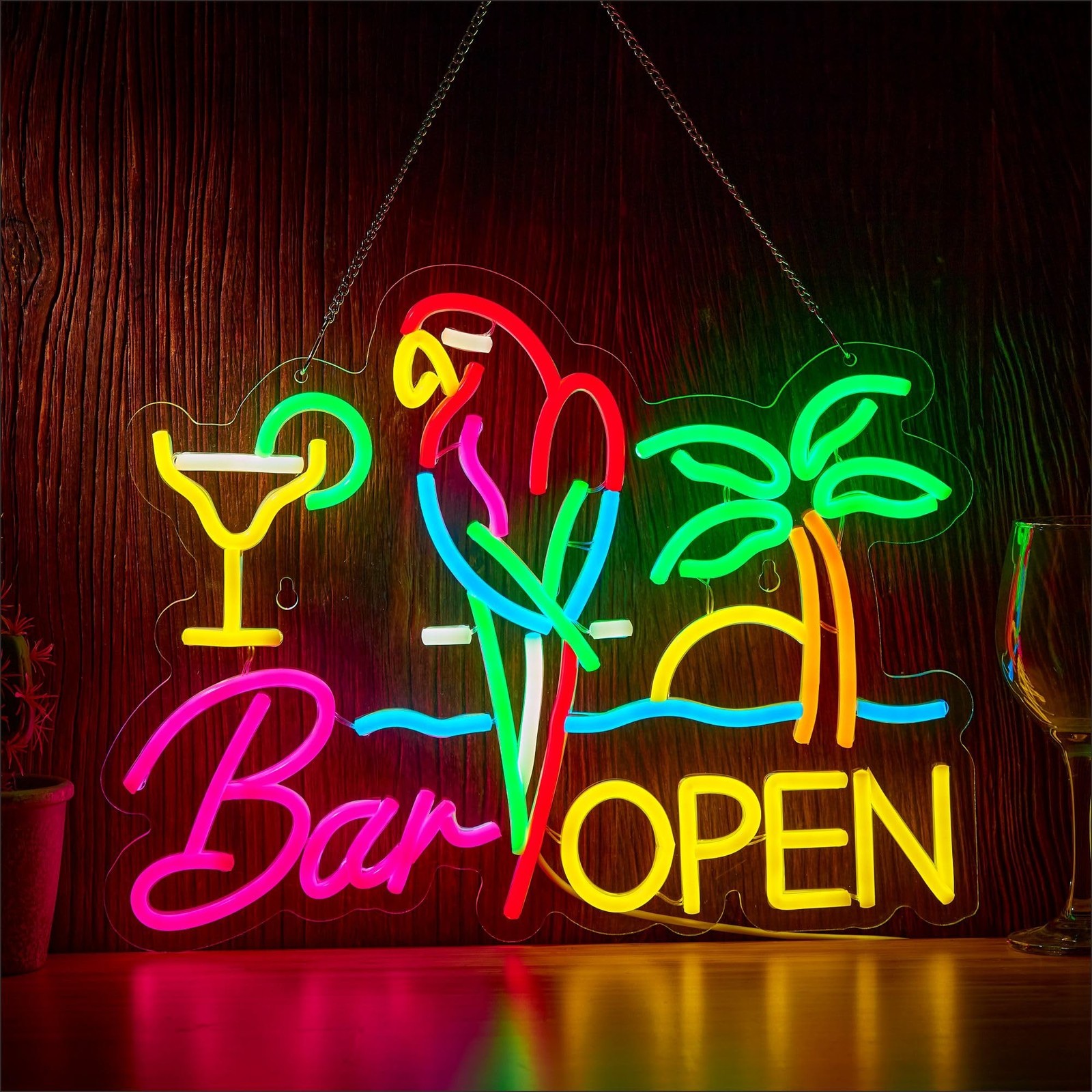 Bar Open Neon Sign for Wall Decor, Parrot Open Beer Bar LED Light Up Dimmable…